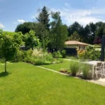 jardin avec pelouse terrasse et allée